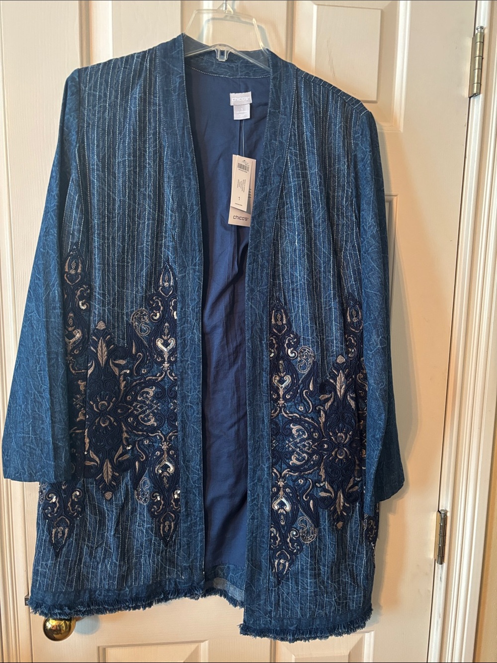 Chico's Navy Denim-Trim Open Front Jacket